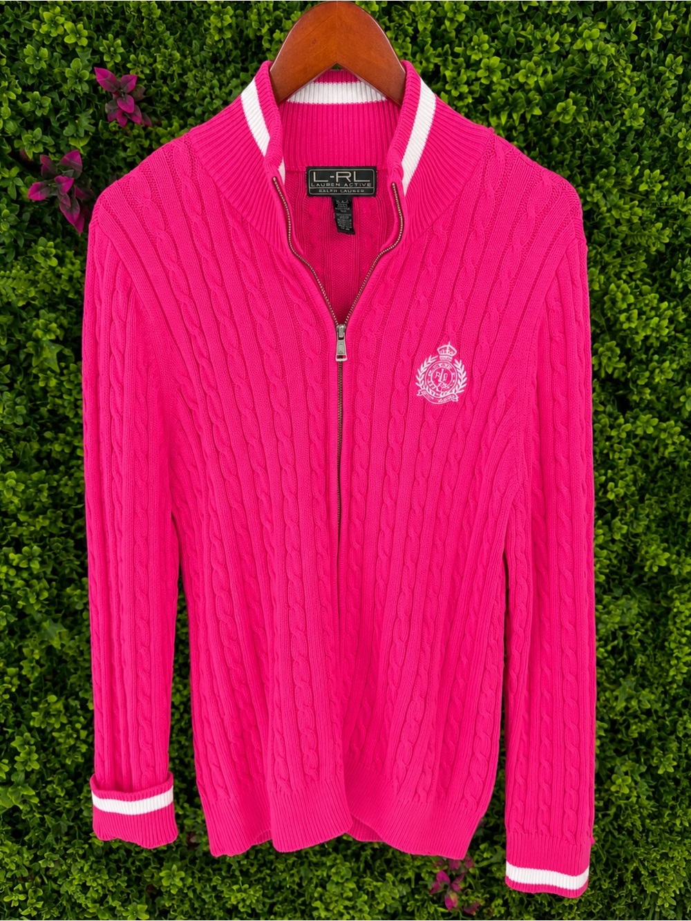 Lauren Ralph Lauren Active XL Hot Pink Cable Knit Full Zip Cotton Sweater - Picture 2 of 7